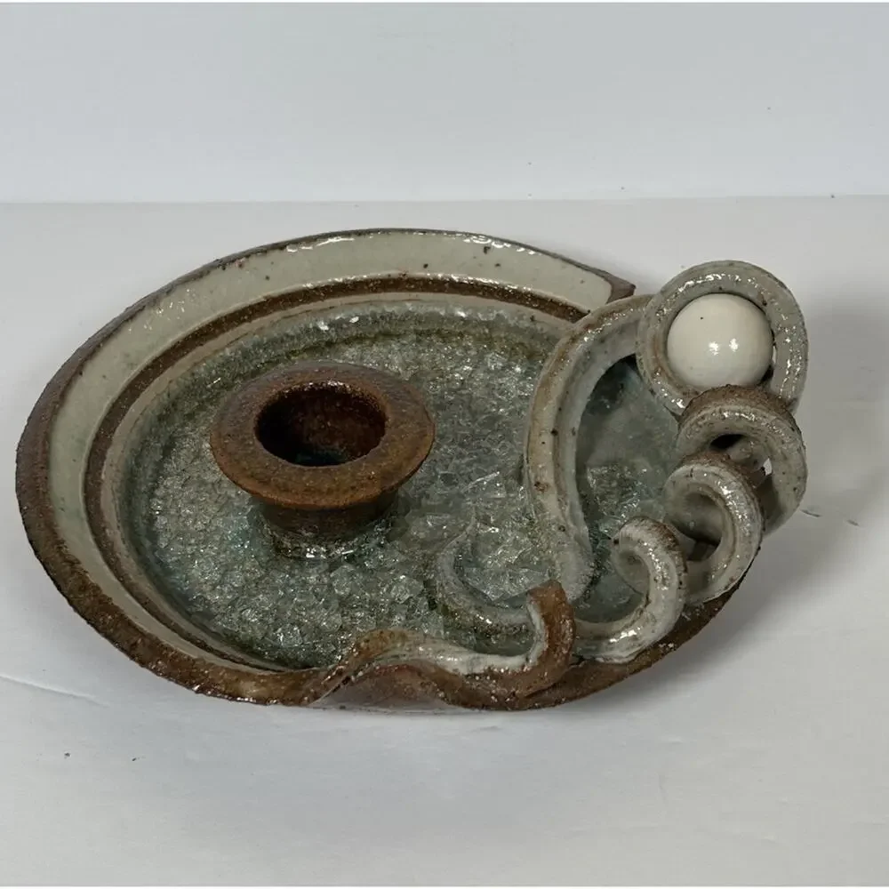 Art Studio Pottery Signed Objet d'art Hand Crafted Stoneware Candlestick Holder